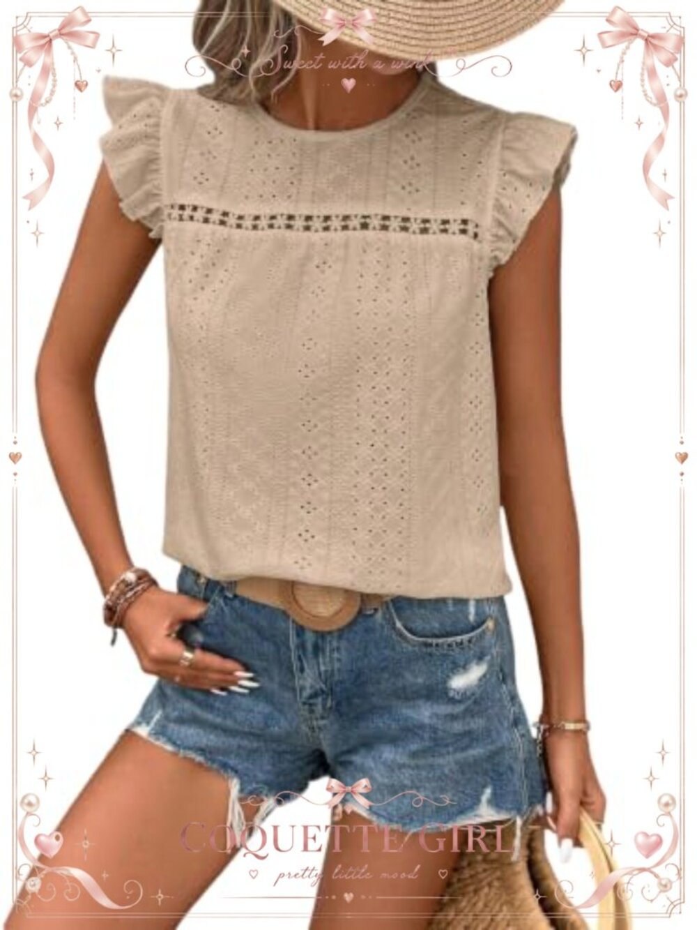 Floerns Womens Boho Eyelet Embroidery Ruffle Cap Sleeve Blouse Top
